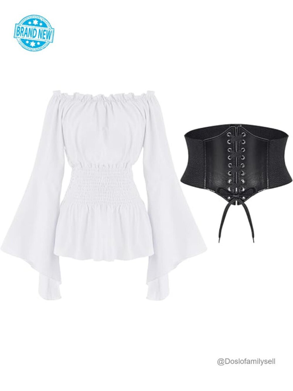 Renaissance Blouse with PU Leather Corset Waist Belt, Off Shoulder Peasant Top